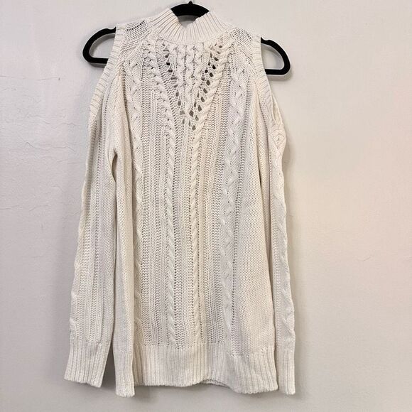 Residents On Womens Pullover Sweater Cold Shoulder Cable Knit Cream S/M - Picture 2 of 5